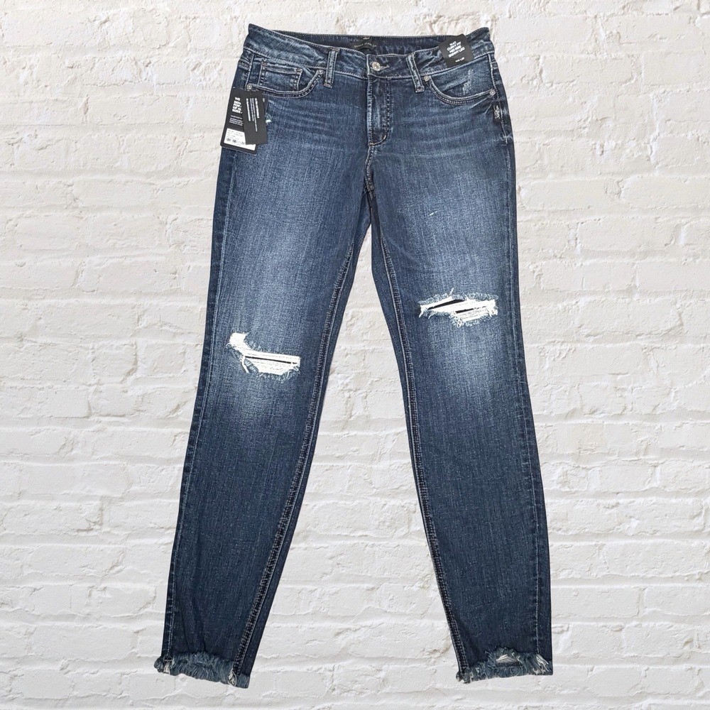 Silver Jeans Suki Skinny Jeans Size 31x29 Curvy Mid Rise Distressed Festival NWT